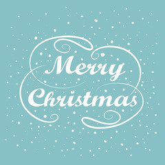 Merry Christmas hand lettering. Handmade calligraphy holiday greeting card design. Vintage handwriting message. Abstract background. Falling snow. Winter New year season label. Vector illustration