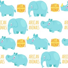 African animals vector seamless pattern: elephant, rhino, hippo.