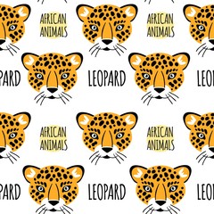 Leopard face with lettering on a white background isolated. Afri