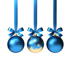 three blue christmas balls hanging on ribbon with bows, isolated on white