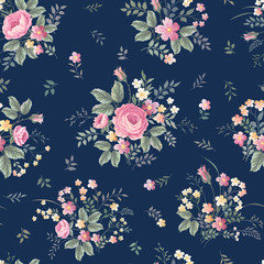 naadloos bloemenpatroon met rozenboeket ondonkerblauwe achtergrond