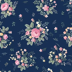 Aluminium Prints Roses seamless floral pattern with rose bouquet ondark blue background