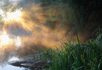 Morning landscape with fog on the river