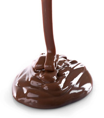 Milky brown chocolate pouring, isolated on white