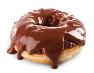 Delicious baked doughnut with melted chocolate topping, isolated on white