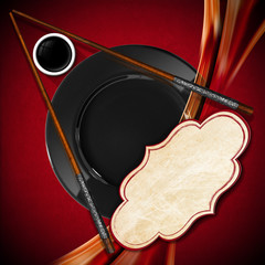 Asian Menu with Wooden Chopsticks / Template for an Asian menu with wooden chopsticks, black plate and a bowl of sauce. On a red and orange background with empty label