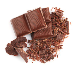 Dark chocolate pieces isolated on white