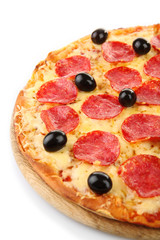Pepperoni pizza with olives, isolated on white