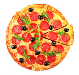 Cut pepperoni pizza with lives and arugula, isolated on white