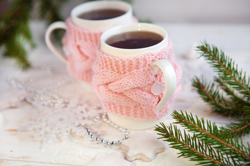 Christmas  decor whith  cookies and cup of hot tea