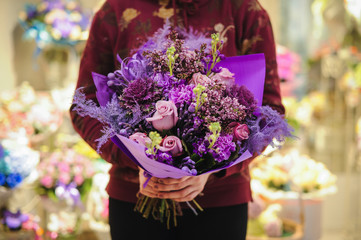 purple bouquet of roses and chrysanthemums