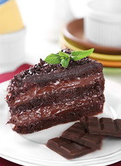 Chocolate cake with chocolate cream on plate, on light background