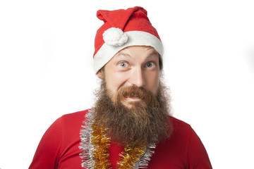 happy funny santa claus with real beard and red hat and shirt