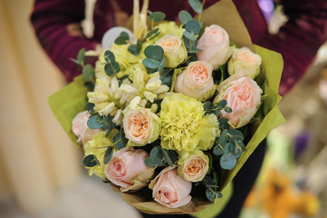 pink green bouquet  with rose and other flowers