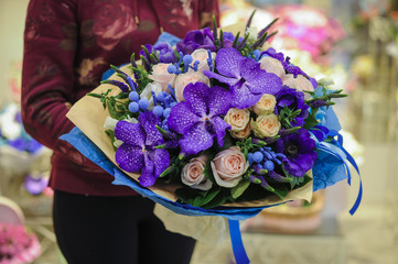  colorful wedding bouquet with beautiful purple orchid