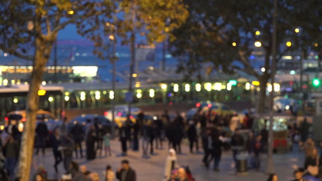 Video shot in Eminonu Square in Istanbul Turkey. Intentionally defocused and recorded on a busy Saturday evening just after sunset to achieve a vibrant motion and colors.