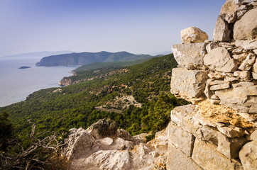 Fototapeta na wymiar Temple ruins with sea panorama view