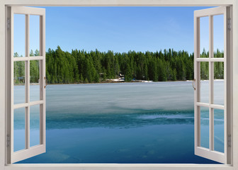 Open window view to lake with ice - obrazy, fototapety, plakaty
