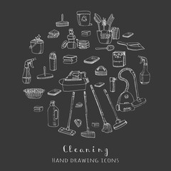 Hand drawn vector cleaning service icons, Cleaning symbols, tools, Detergent, iron, mop, dust pan, brushes bleach, duster, washing liquid, vacuum cleaner, doodle icons, sketch