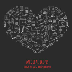 Set of health care and medicine hand drawn icons, doodle medical elements, vector background with wellness freehand drawings Vector sketch illustration with outlined medical icons