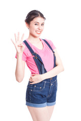 Young woman showing four fingers or victory gesture, isolated on white background