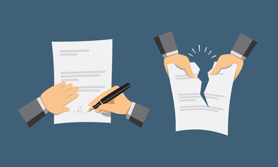 Two hand icons. Signing contract and contract termination. Simple flat vector illustration.