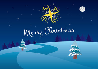 Fototapeta na wymiar Winter Christmas night landscape with star. Simple vector illustration.