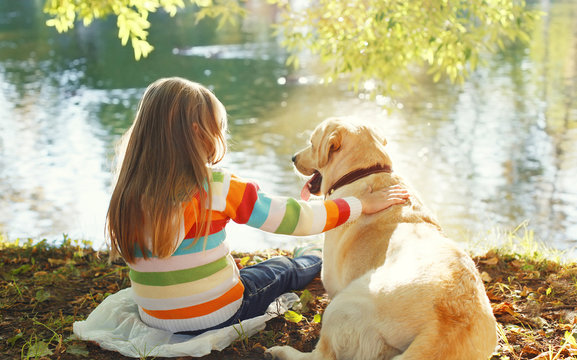 Two friends, child with Labrador retriever dog sitting in sunny