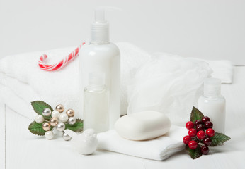 Obraz na płótnie Canvas Shampoo, Soap Bar And Liquid. Toiletries, Spa Kit, Towels