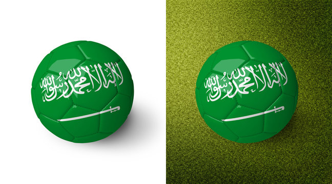 3d realistic soccer ball with the flag of Saudi Arabia on it isolated on white background and on green soccer field. See whole set for other countries.

