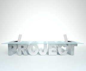 Laptop on the screen is open on a glass PROJECT table. Bussines concept