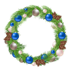 Christmas Wreath with Decorations on White Background