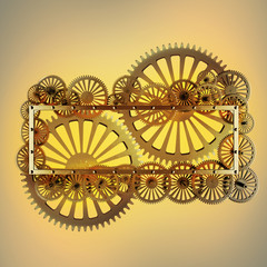 Stylized golden mechanical steampunk gear collage. Made of metal frame and clockwork details.