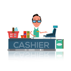 cashier man prepares purchasing at supermarket - vector