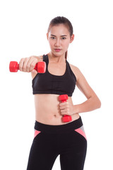 Young woman doing exercise with lifting weights