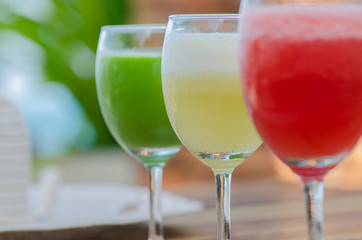 colorful soft drink/colorful soft drink smoothie of green tea, pineapple smoothie, watermelon smoothie.