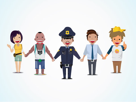Police and people are holding hand - vector