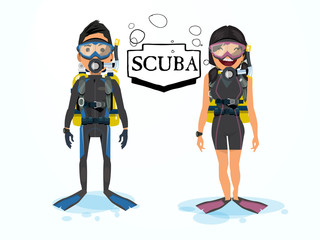 Scuba diving. male and female character - vector