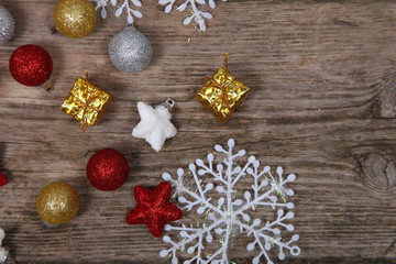 Christmas decorations on an old wooden table