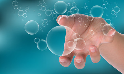 Woman Hand and bubbles on background