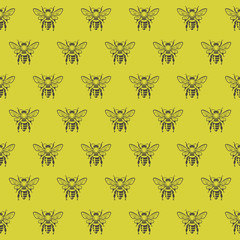 seamless pattern with honey bees on a yellow background
