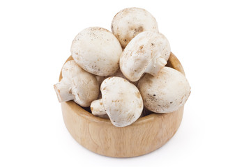 Wooden bowl filled with fresh raw champignons portobello mushrooms on a white background
