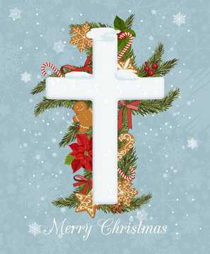 Merry Christmas celebration concept with Christmas Cross on decorative background. Creative greeting card design with shiny Xmas decorations on stylish background for Merry Christmas celebration
