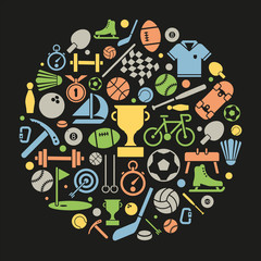 Fototapeta na wymiar Sports Symbols Vector Illustration. Variety of sports equipment symbols arranged in circular shape on black background