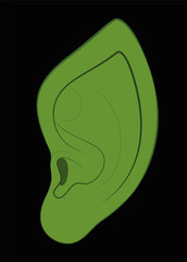 Pointy ear of a christmas elf, green fairy, goblin or other fantasy character. Isolated vector illustration on black background.