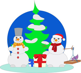 Forest with two snowmen / Two snowmen with two gifts for the holiday