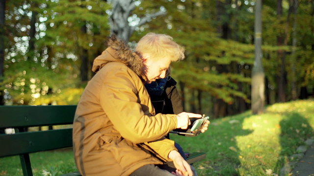 Couple doing selfie on smartphone in the autumnal park
