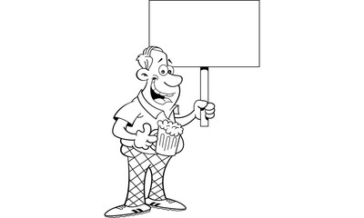 Black and white illustration of a man holding a beverage and a sign.