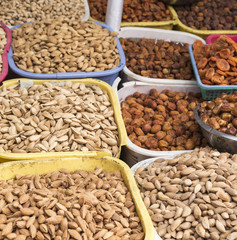 Spices and vegetables in bags at local bazaar in Osh. Kyrgyzstan