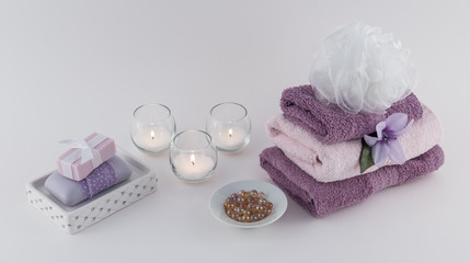 Luxury Soap, Bath Oil Beads, and Towels With Candles